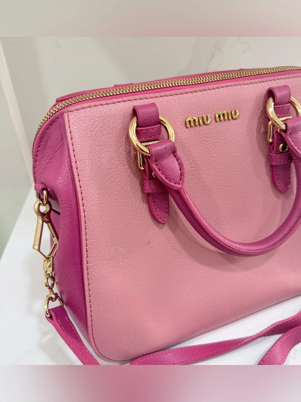Miu Miu Two-Tone Pink Leather Satchel Crossbody Bag Gold Hardware Made Italy